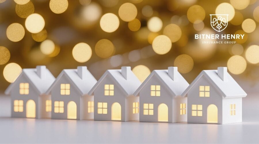 a line of safe houses with lights on, preventing burglary. The Bitner Henry logo is in the top right.