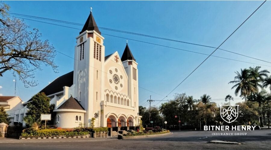 a church building under a blue sky