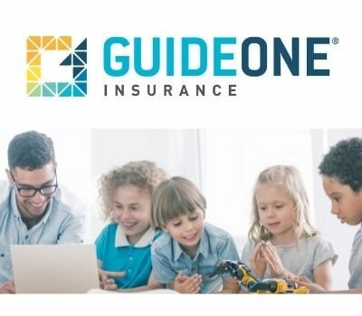 Teacher with kids and Guide One Insurance Logo