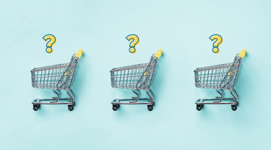 three shopping carts on a blue background with yellow question marks above them