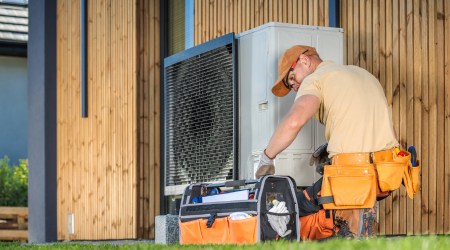 Bitner Website header images - landscape - wordpress (1) an HVAC worker with an orange toolbelt fixes a heating unit