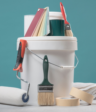 Bitner Website header images - vertical - wordpress (5) A paint bucket with paint swatches, brushes, painting tape, and rollers