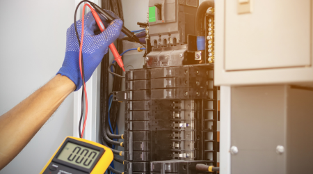 An electrician with gloves works with a circuit box