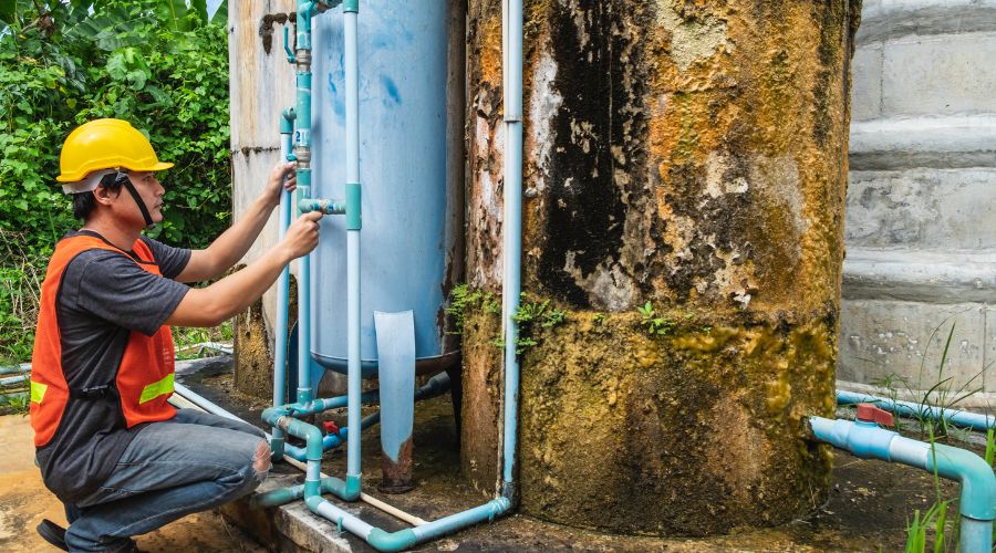 A plumber fixes a water tank