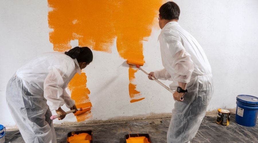 Two painters use paint rollers to paint a wall orange