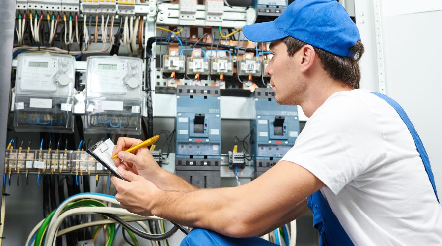 An electrician works on a wall of servers