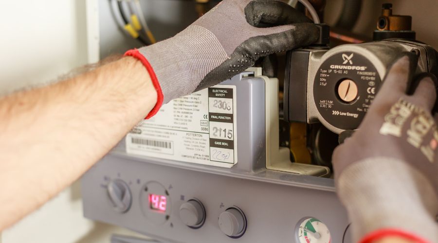 A plumber with gloves fixes dials, gauges, and pipes