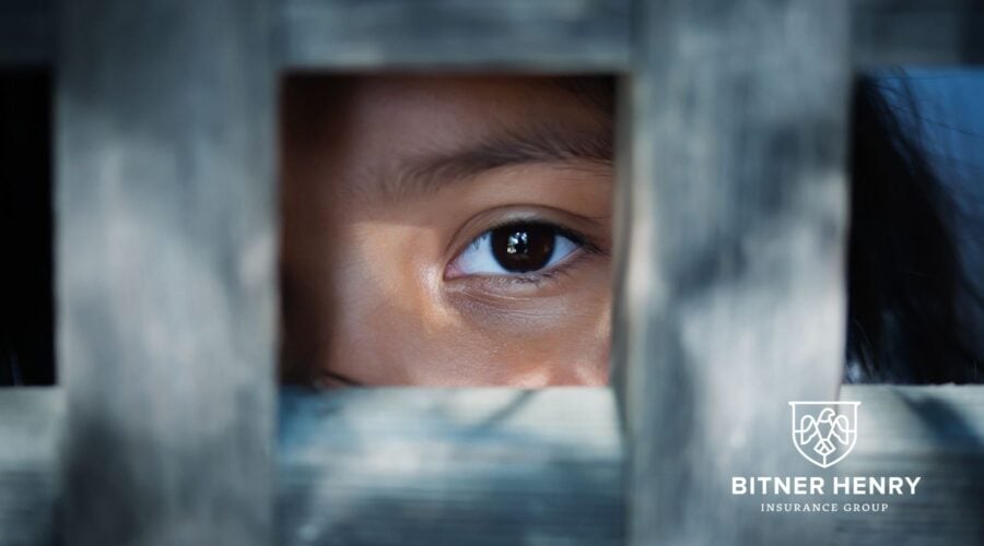 An eye looks out through a cage