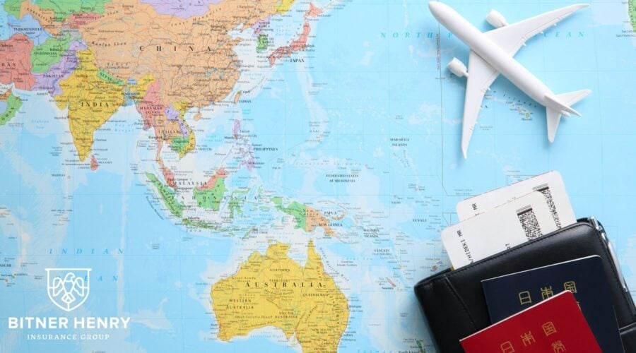 Map with an airplane and the bitner henry logo in the bottom-left