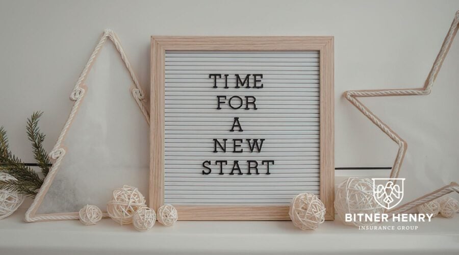 a box that says "time for a new start" heralds the need to get new insurance and compare quotes online. The Bitner Henry logo is in the bottom right.