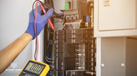An electrician with gloves works with a circuit box